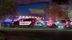 Police vehicles parked outside a Spirit Halloween store in Fairfield, California, following a shooting.
