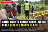 AI-generated illustration of grieving women and police investigating an elderly man's death in Nandi County, Kenya.