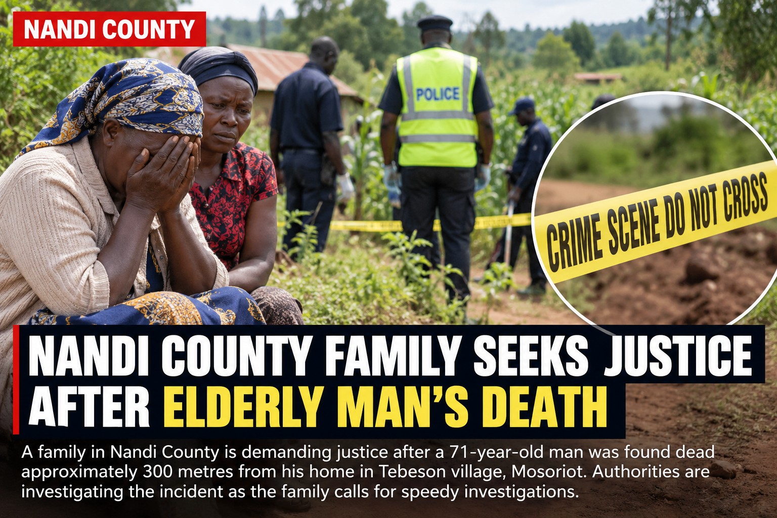 AI-generated illustration of grieving women and police investigating an elderly man's death in Nandi County, Kenya.